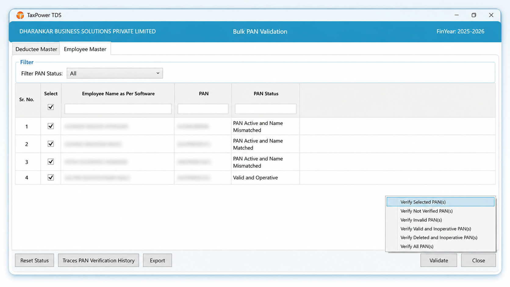TaxPower TDS bulk PAN validation screen showing employee PAN status verification