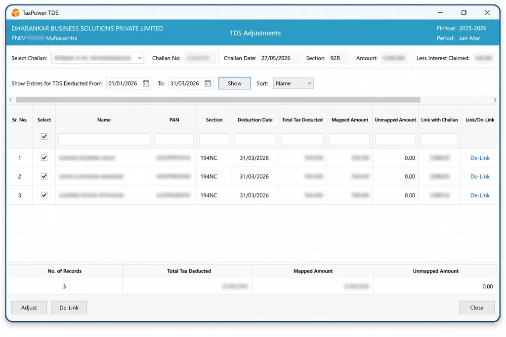 TaxPower TDS challan adjustment screen for mapping deducted tax amounts