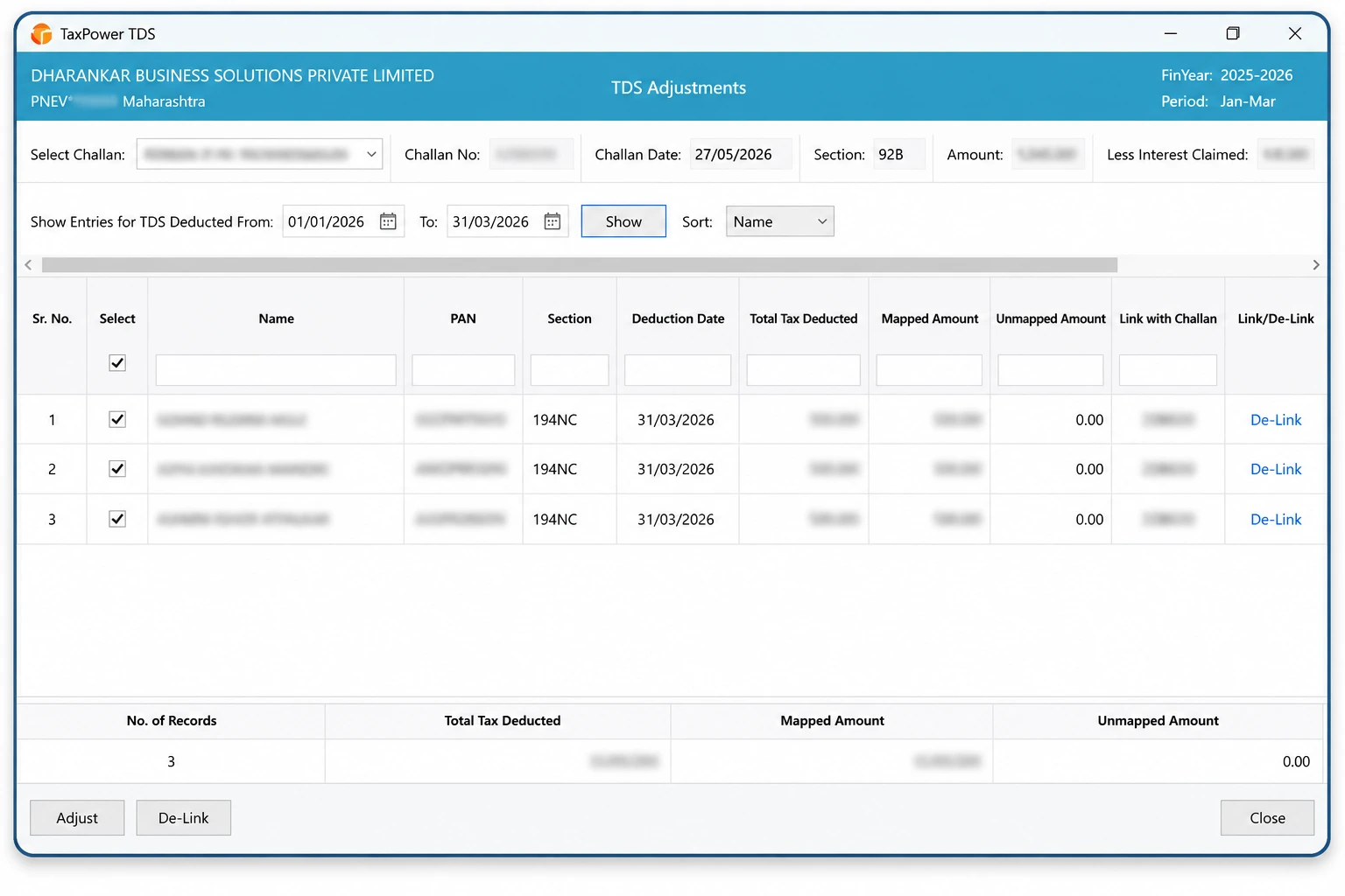 TaxPower TDS challan adjustment screen for mapping deducted tax amounts