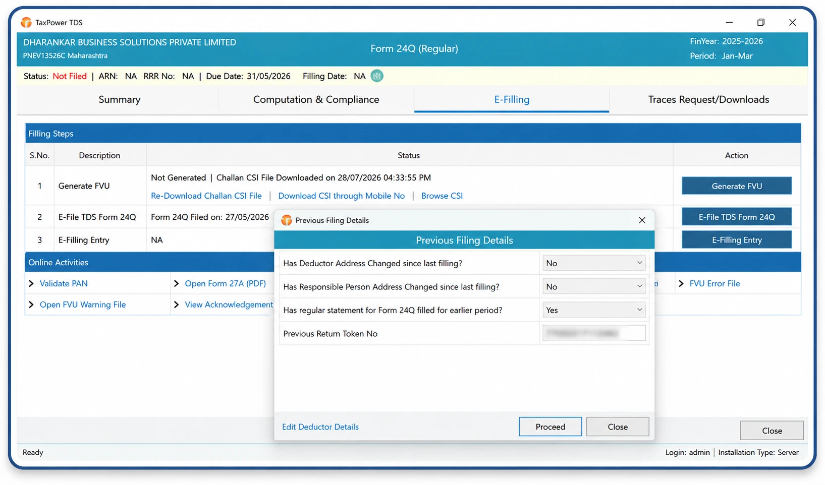 TaxPower TDS Form 24Q e-filing screen showing FVU generation workflow