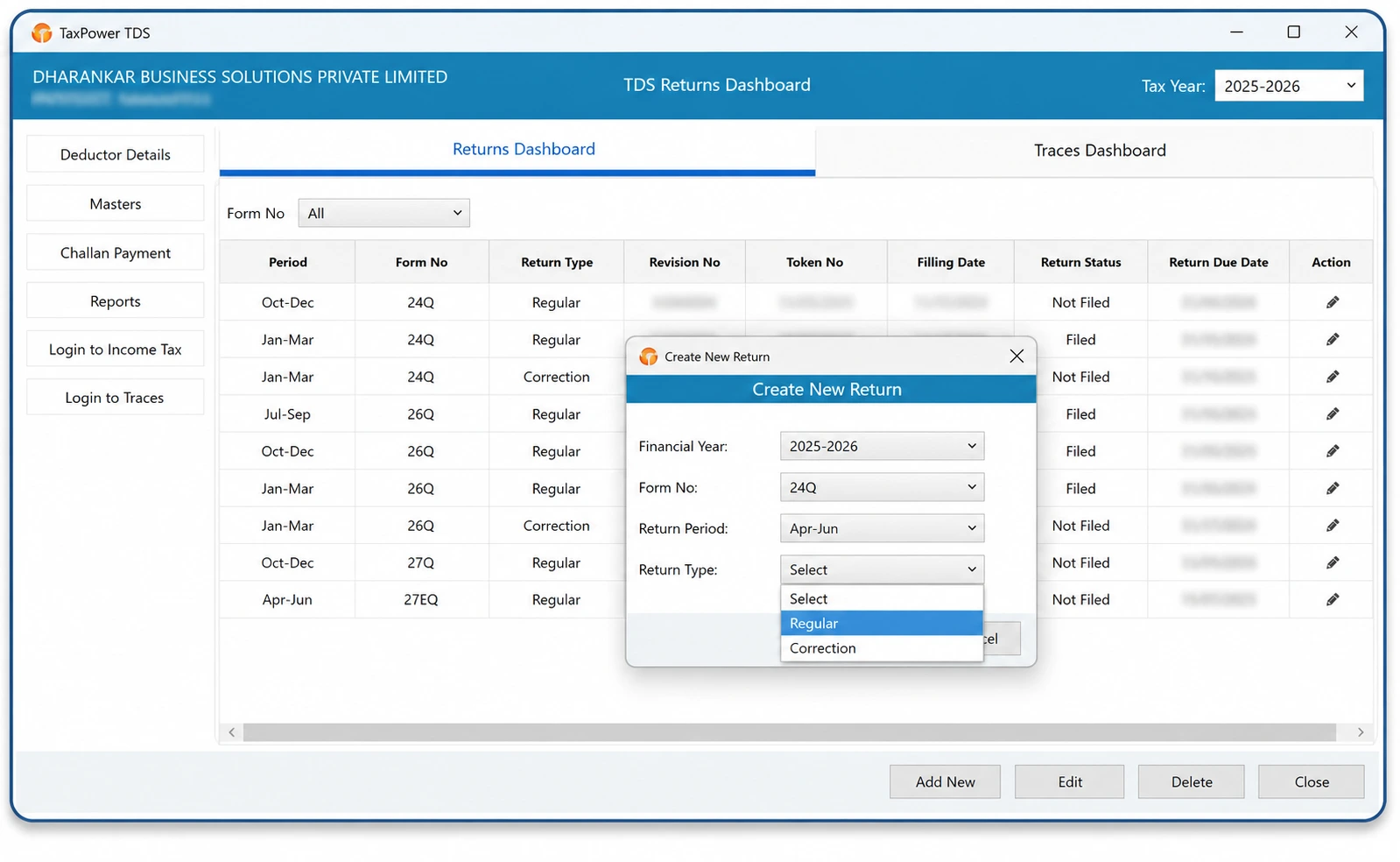 TaxPower TDS return preparation dashboard with regular and correction return options