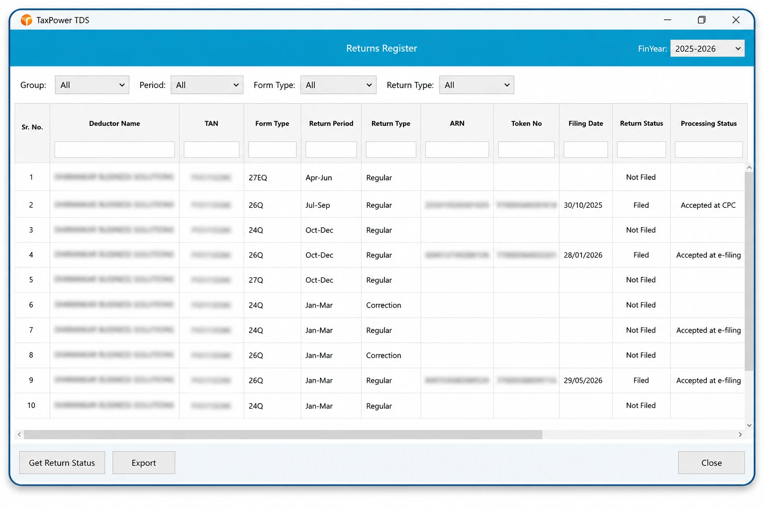 TaxPower TDS returns register showing filing and processing status across TDS forms