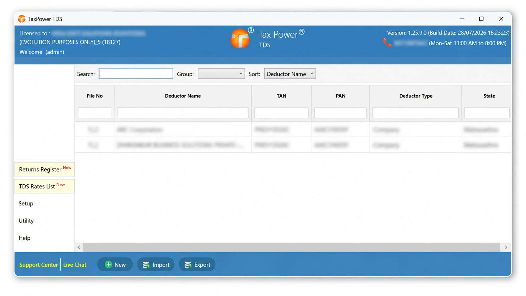 TaxPower TDS Software deductor management dashboard for handling multiple TAN records