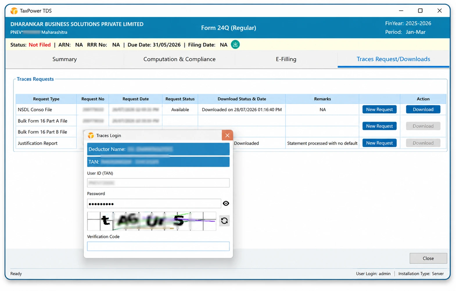 TaxPower TDS TRACES request and download screen with secure login workflow