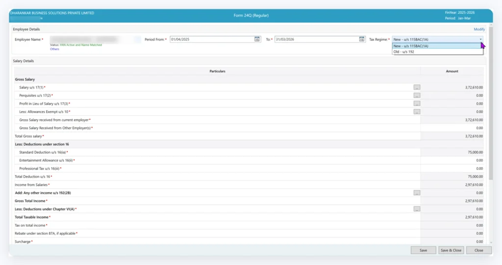 TaxPower TDS Form 24Q employee salary computation screen with tax regime and TDS working