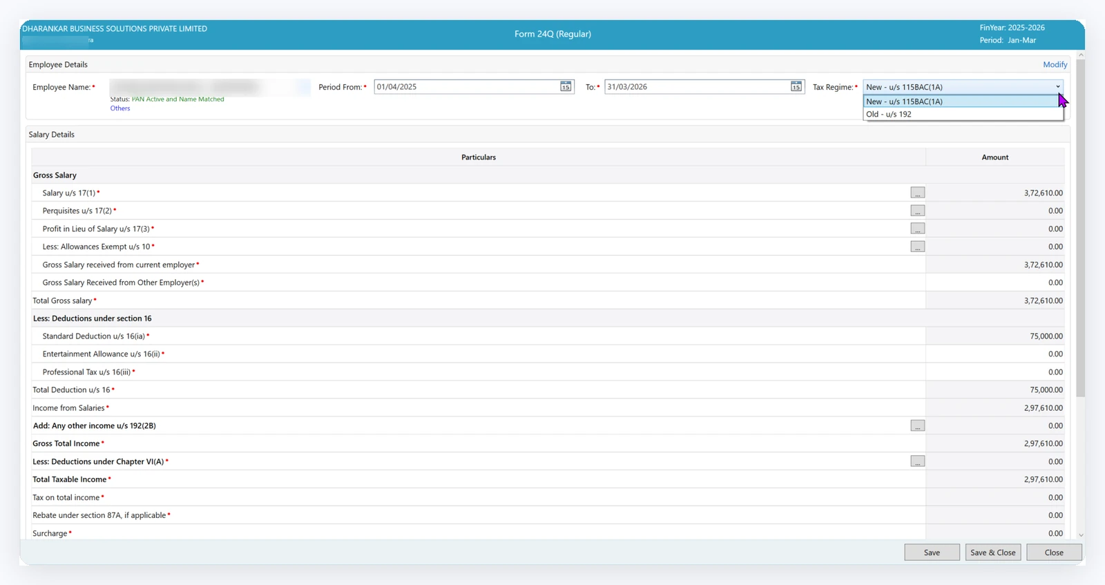 TaxPower TDS Form 24Q employee salary computation screen with tax regime and TDS working