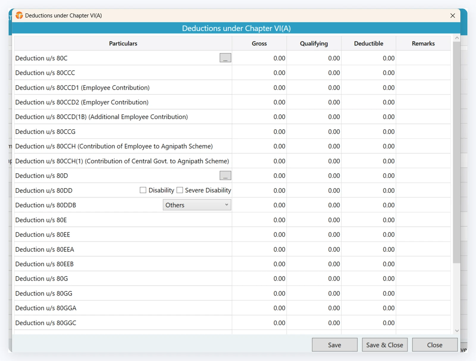 TaxPower TDS Chapter VI-A deductions screen for employee salary computation